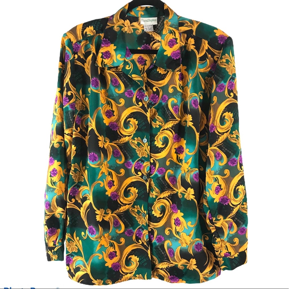 GORGEOUS Vintage Scrollwork Print Blouse, Size L
